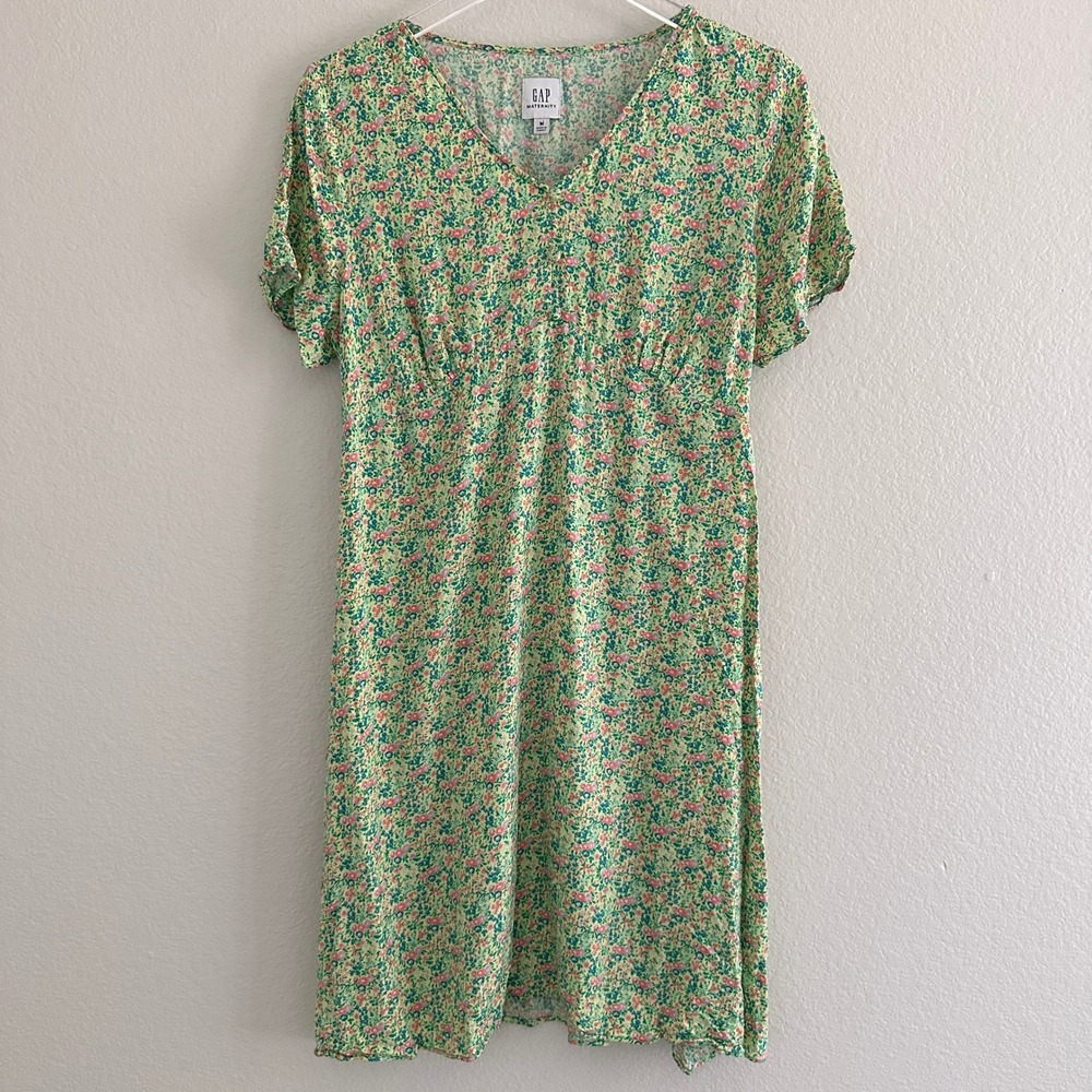 Gap Maternity Dress Womens Medium Green Floral Ditsy Empire Waist V-Neck Mini